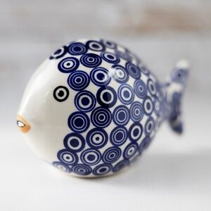 Polish pottery? large blue dot circle fish ceramic figurine 6" x 3.25" x 4"